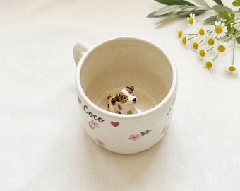 Gepersonaliseerde keramische huisdiermok, roze bloemen gepersonaliseerd portretcadeau