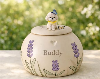 Custom Pet Urn, Hand-Painted Ceramic Dog Cat Portrait, Personalized Memorial Keepsake