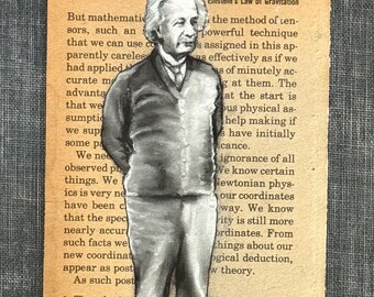 May include: A black and white illustration of Albert Einstein, standing on a vintage book page. The image is a cutout, with the figure of Einstein in the foreground. The background is a page from a book with text.