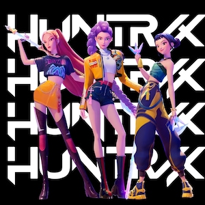 May include: Three stylized female figures in fashionable outfits stand against a black backdrop with the word "HUNTRAX" in white. The figures wear crop tops, shorts, and jackets in vibrant colors like yellow, orange, and blue. Each figure holds a stylized object.