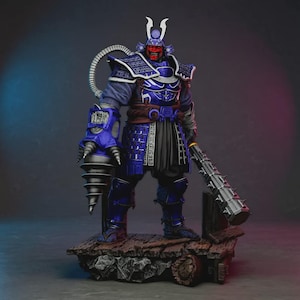 May include: A detailed figurine of a samurai warrior in blue and black armor, with a red face and a horned helmet. The figure is holding a spiked club and a drill-like weapon. It stands on a wooden platform.