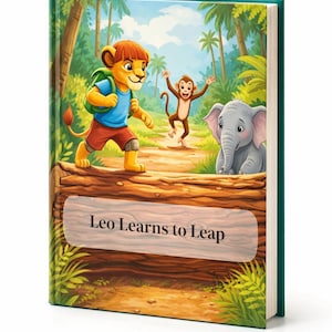 May include: A children's book titled "Leo Learns to Leap" featuring a lion cub with a backpack, a monkey, and an elephant in a jungle setting. The cover has a green spine and a colourful illustration.