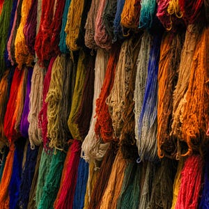 May include: A vibrant display of colorful yarn bundles. The image showcases a variety of hues, including reds, oranges, yellows, greens, blues, and purples. The yarn is hanging, creating a textured and visually appealing arrangement, perfect for craft projects.
