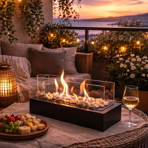 Può includere: Un'accogliente ambientazione esterna con un moderno caminetto, un bicchiere di vino bianco e un piatto di legno con snack. Il caminetto ha una base nera ed è riempito di pietre bianche. Luci e piante.