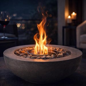 以下が含まれることがあります： コンクリート製のボウルデザインのモダンな屋外用暖炉。暖炉には小石が敷き詰められ、中央に炎を上げるバーナーがあります。背景には赤ワインのグラスとキャンドルが置かれています。