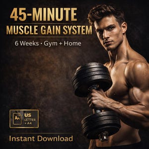 Könnte beinhalten: Bild zur Werbung für ein 45-Minuten-Muskelaufbau-System. Eine muskulöse Person hält eine Hantel. Der Text enthält "6 Wochen • Gym + Home" und "Sofort-Download". Enthält ein US Letter + A4 Dokumentensymbol.