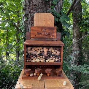 May include: A wooden squirrel feeder with the text "THE NUT BAR" on a sign. The feeder is filled with peanuts and has small wooden perches. It is mounted on a tree trunk in a natural outdoor setting.