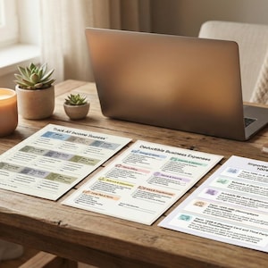 Peut inclure: Un bureau en bois avec un ordinateur portable, trois formulaires imprimés, une bougie allumée et une tasse à café. Les formulaires ont des titres tels que "Suivre toutes les sources de revenus" et "Dépenses professionnelles déductibles". Une plante succulente est dans un petit pot.