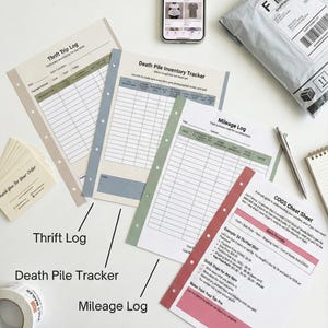 Op de afbeelding: Een bovenaanzicht toont diverse e-commerce tools. Deze omvatten een Thrift Trip Log, Death Pile Inventory Tracker, Mileage Log en COGS Cheat Sheet. Een smartphone met aanbiedingen en een verzendpakket zijn ook zichtbaar.