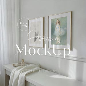 May include: Two framed art prints with gold frames hang on a light gray wall. One print features a botanical illustration, the other a ballerina. The text "Frame Mockup" and "Poesia Editions" are visible.