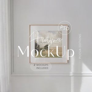 Light Oak Square Wood Frame Mockup Neutral Wall Molding Sunlit Minimal Interior Scene Linen Curtain Poster Display Passepartout Gallery Room
