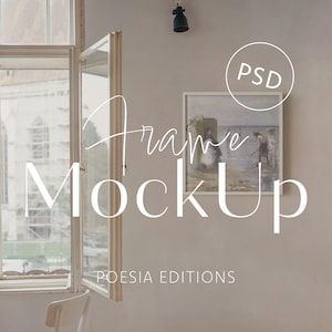 May include: A white framed artwork with a coastal scene hangs on a neutral wall. The image is part of a frame mockup, with the text "Frame MockUp" in a script font. The words "POESIA EDITIONS" are also visible.