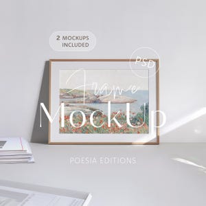 May include: A horizontal wooden picture frame containing a landscape painting of a rocky coastline with red flowers in the foreground. The text 2 MOCKUPS INCLUDED, PSD, Frame MockUp, and POESIA EDITIONS are overlaid on the image in white script and sans-serif fonts.
