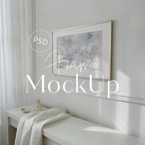 3x2 Landscape Thin Champagne Gold Metal Frame Mockup Sunlight Shadow White Mat Minimalist Interior Parisian Wall Molding Console Table Scene