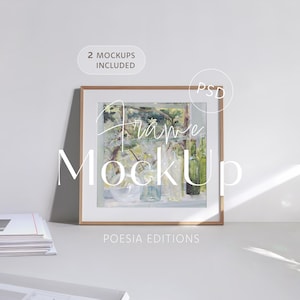 Natural Oak Wood Square Frame 1x1 Ratio Print Mockup Passepartout Mat Leaning Wall Art Paper Stack Folder Minimal Neutral Interior Scene