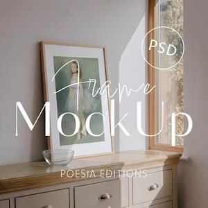 Maqueta de marco de retrato de madera con luz natural y sombra de ventana de interior escandinavo minimalista, escena de habitación neutra, impresión artística, objeto inteligente PSD