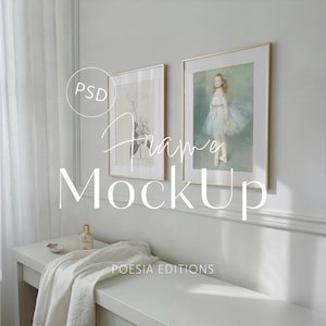 May include: Two framed art prints with gold frames hang on a light gray wall. One print features a botanical illustration, the other a ballerina. A white bench below holds a folded white cloth, a small bottle, and a decorative stone. The text "Frame Mockup" is overlaid.