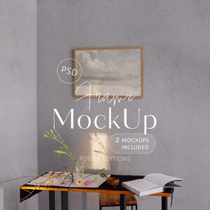 A3 A2 Oak Wood Landscape Frame Mockup Sunlit Grey Concrete Wall Modern Black Table Botanical Scene Neutral Interior Printable Art Display