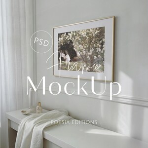 May include: A gold-framed art print mockup with a landscape scene featuring white flowers and figures. The words "Frame MockUp" are displayed in a stylish font. The text "PSD" is in a circle. The text "POESIA EDITIONS" is at the bottom.