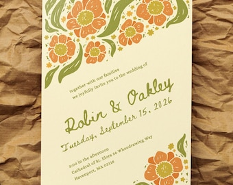 Plantilla de invitación de boda floral vintage / Estilo linograbado dibujado a mano / Jardín bohemio / Editable en Canva