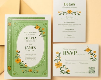 Plantilla de Canva editable para invitación de boda con portada de libro dibujada a mano