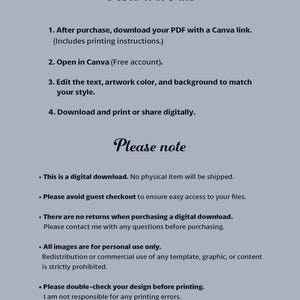 May include: A light gray digital instruction sheet titled How it works and Please note. The text outlines a four-step process for downloading, editing, and printing a PDF template via Canva, followed by usage policies and disclaimers.