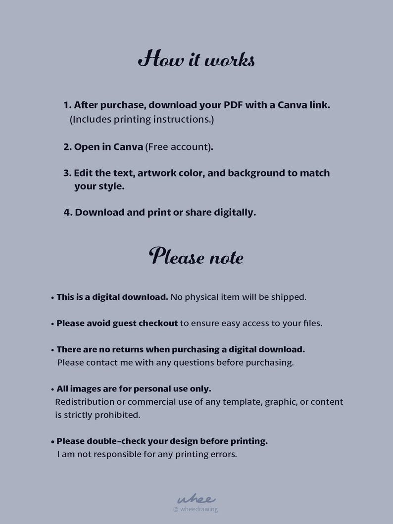 May include: A light gray digital instruction sheet titled How it works and Please note. The text outlines a four-step process for downloading, editing, and printing a PDF template via Canva, followed by usage policies and disclaimers.