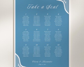 Klassische Sitzplanvorlage für Hochzeiten mit Spitze | Romantischer, handgezeichneter Sitzplan mit Blumenmuster | Bearbeitbares Hochzeitsschild aus Canva | CL1