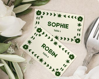 Tarjeta de mesa rústica para boda / Estilo linograbado / Tarjetas de nombre dibujadas a mano / Plantilla editable de Canva / RL1