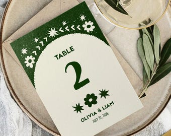 Plantilla de números de mesa rústicos para bodas / Diseño de sello dibujado a mano estilo linograbado / Plantilla editable de Canva / RL1