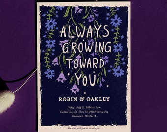 Plantilla de invitación de boda con estampado floral oscuro / Editable en Canva / Estilo bohemio morado y azul marino / Diseño botánico dibujado a mano