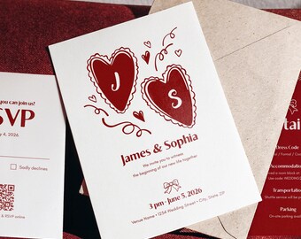 Invitación de boda con corazones dibujados a mano - Plantilla editable de Canva