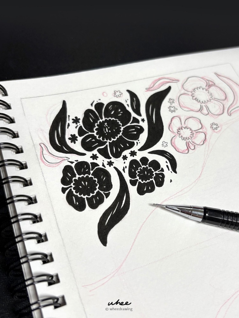 May include: A spiral-bound sketchbook page featuring a black ink floral illustration with three prominent flowers and leaves, alongside light pink pencil sketches of additional flowers and a mechanical pencil resting on the paper with the text whee.