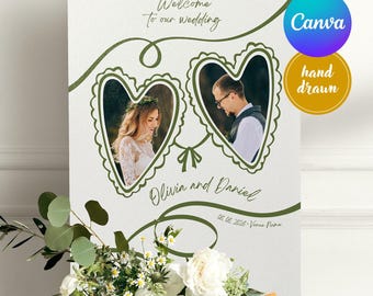 Plantilla de cartel de bienvenida con foto de boda: marcos de corazones dibujados a mano, imprimibles en Canva