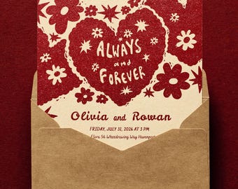 Plantilla de invitación de boda bohemia / Estilo linograbado retro floral / Corazón de flores dibujado a mano / Invitación editable en Canva / BR2
