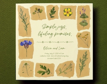 Plantilla de invitación de boda con flores prensadas / Canva editable / Flores silvestres recolectadas a mano y papel rasgado / Invitación botánica imprimible