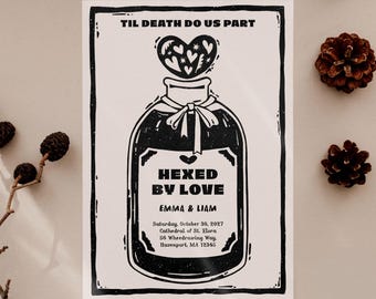 Hochzeitseinladung mit Liebestrankmotiv | Halloween-Party-Einladung | Linolschnitt-Stil, handgezeichnet | Hexenhaft-gothisch | Bearbeitbare Canva-Vorlage zum Ausdrucken