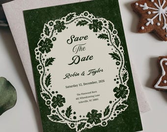 Vorlage für eine Save-the-Date-Karte zur Winterhochzeit | Rustikale Weihnachtseinladung | Handgezeichneter Linolschnitt | Blumenkranz | Bearbeitbare Leinwand