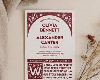 Märchenhafte Hochzeitseinladung | Vintage-Design mit handgezeichneten Bilderbüchern | Druckbare, bearbeitbare Canva-Einladung (5x7 Zoll)