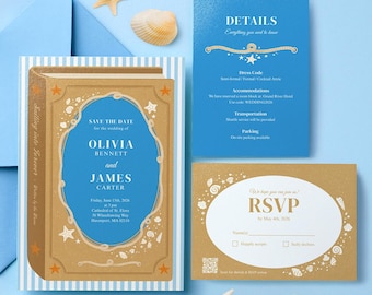 Plantilla de Canva editable y dibujada a mano para invitación de boda con diseño náutico.