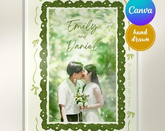 Plantilla de póster fotográfico de boda: marco floral de prado dibujado a mano, editable en Canva A2 imprimible