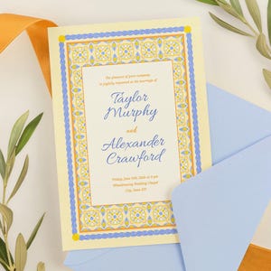 Mediterranean Tile Pattern Wedding Invitation Suite - Hand Drawn Floral Tulip Design, Editable Canva Template