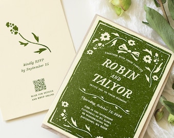 Cottagecore Wedding Invitation Template | Linocut Style Hand Drawn Stamp Design | Editable Canva Invite
