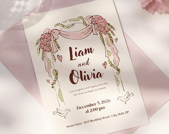 Invitación de boda con arco floral romántico dibujado a mano - Plantilla editable de Canva
