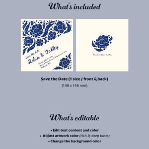 May include: A square save the date card measuring 148 x 148 mm with a cream background and dark blue floral illustrations. The front features the text Save the date, Robin & Oakley, Friday, July 31, 2026, Clover & Moss Farm, 14 Woodrawing Lane, Millbrook, NY.