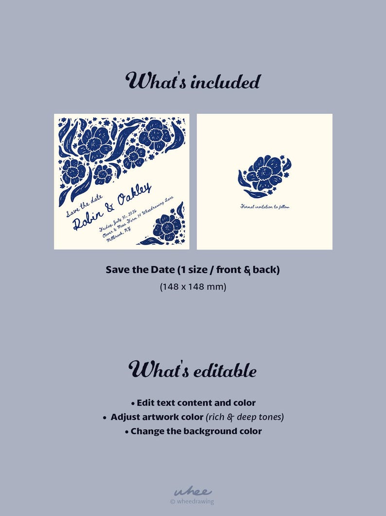 May include: A square save the date card measuring 148 x 148 mm with a cream background and dark blue floral illustrations. The front features the text Save the date, Robin & Oakley, Friday, July 31, 2026, Clover & Moss Farm, 14 Woodrawing Lane, Millbrook, NY.