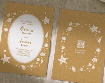 Plantilla de invitación de boda náutica playera: diseño de arena con conchas marinas y estrellas de mar dibujado a mano, invitación editable en Canva.