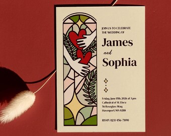 Invitación de boda romántica con vitrales - Plantilla editable de Canva