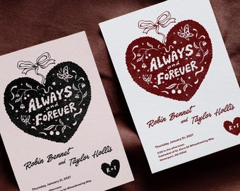 Hochzeitseinladungsvorlage mit Herzmotiv | Bearbeitbare Canva-Einladung | Handgezeichneter Schriftzug „Für immer und ewig“ | Druckvorlage im Linolschnitt-Stil