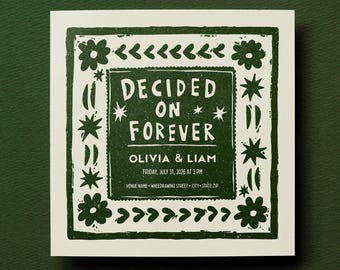 Plantilla de invitación de boda rústica / Diseño de sello dibujado a mano estilo linograbado "Decididos para siempre" / Invitación editable en Canva / RL1